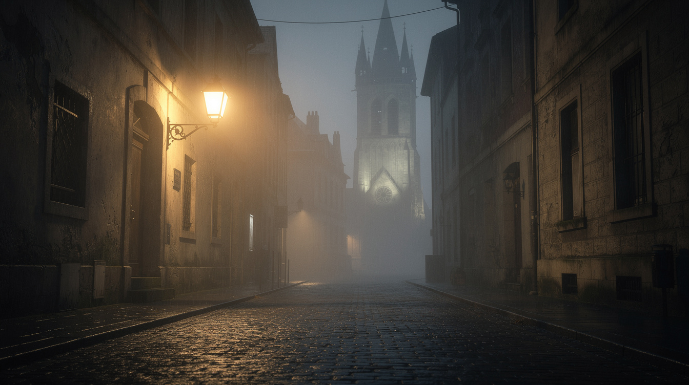 Foggy old European street at night with a lantern and a church tower in the mist