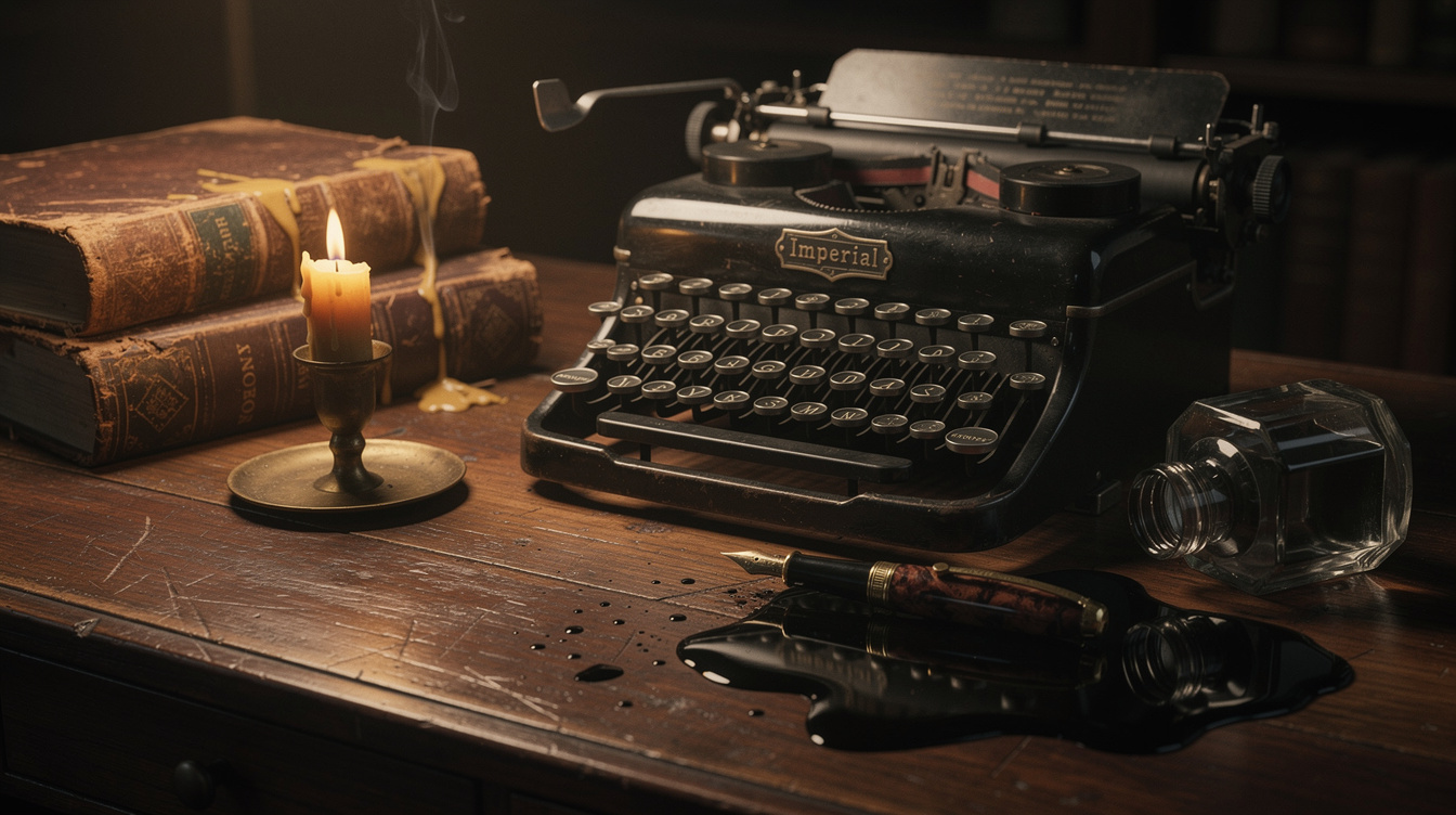 Antique wooden desk with an old typewriter, stacked books, and a lit candle