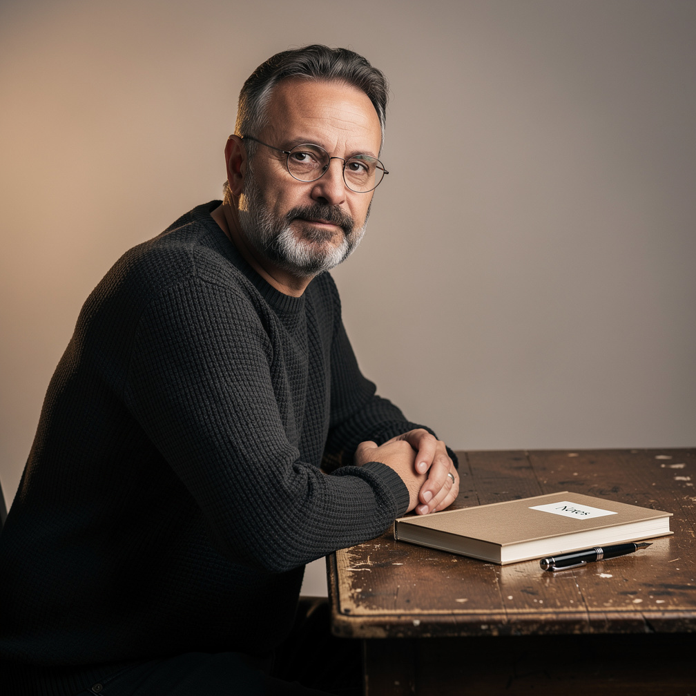 Portrait of a middle aged Croatian man with a beard and glasses sitting thoughtfully at a wooden desk